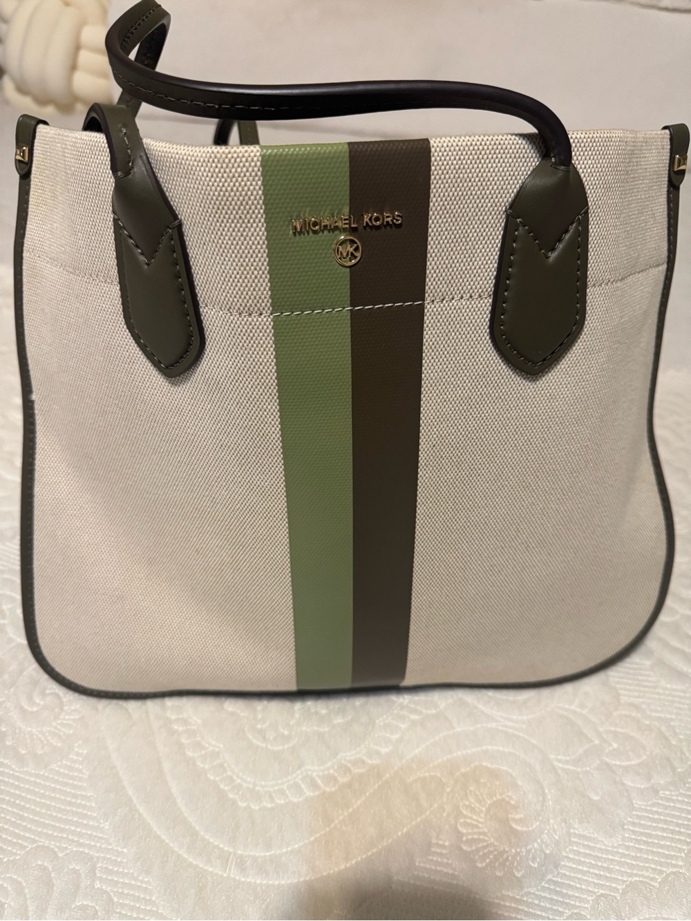 Michael Kors Beige Canvas Tote with Olive and Dark Green Stripe